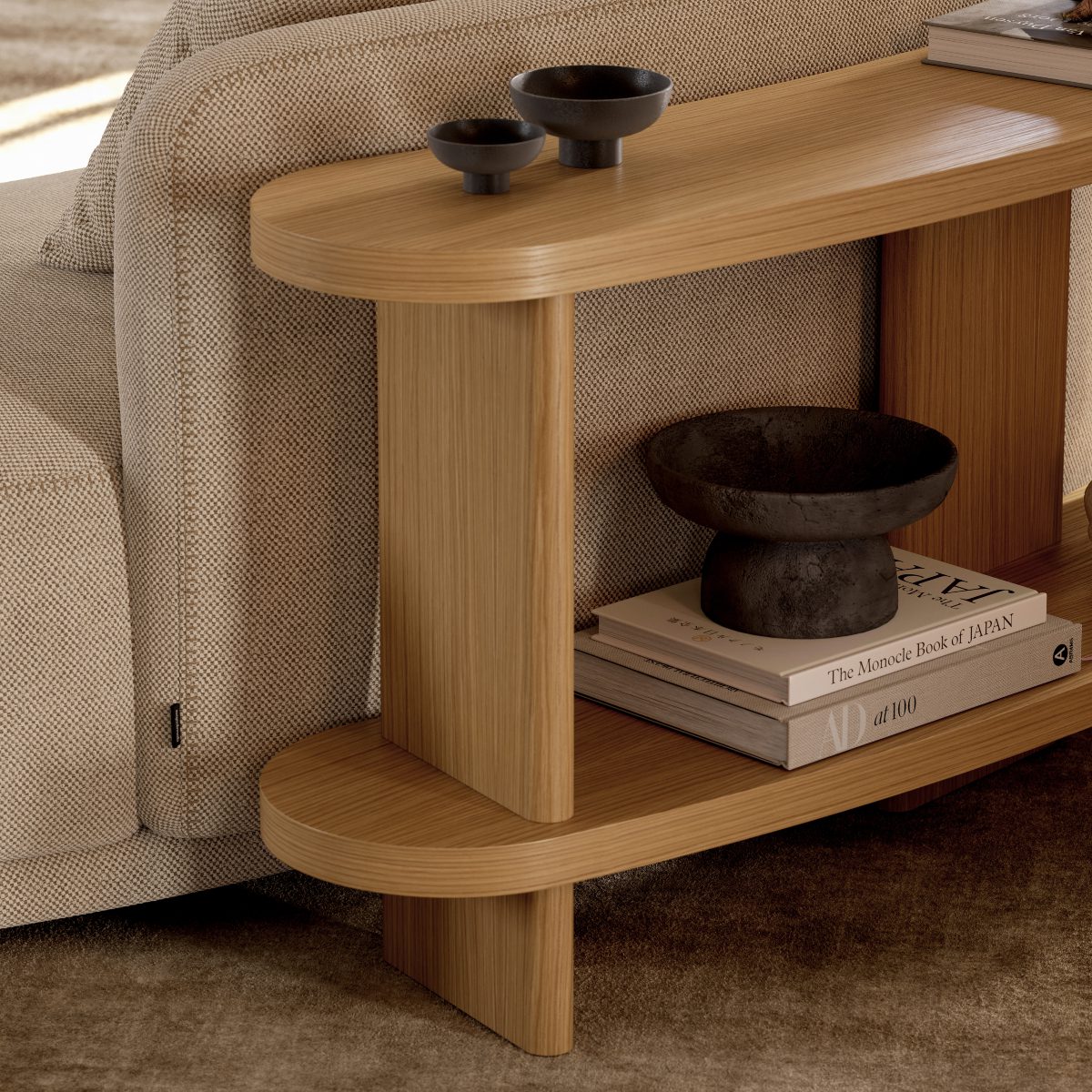 Olivia console in a living room set Olivia Console featuring a stack of books and a bowl, perfect for a warm, inviting living room or reading space.