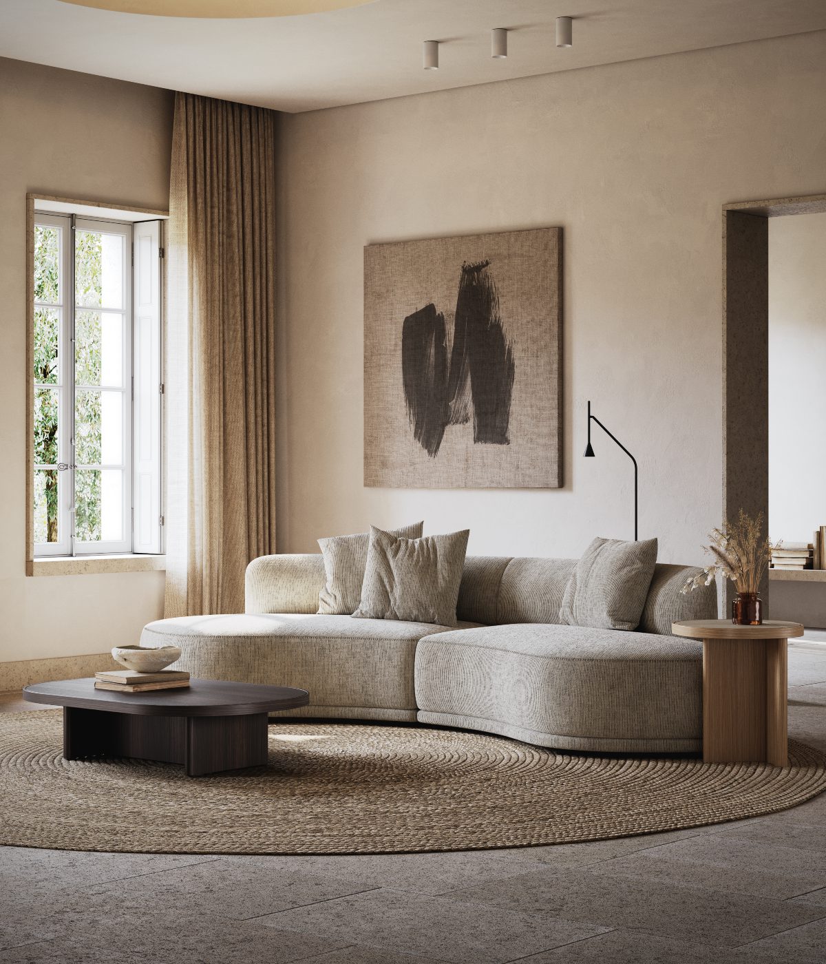 Olivia sofa and Gilbert table in a Hygge Set Bright living room showcasing a large round rug with a modular sofa and two tables, enhancing the cosy vibe of the area. Presenting Danish interior design.