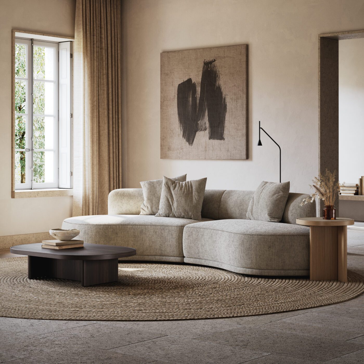 Olivia sofa living room A bright living room with a generous modular sofa and a chic coffee table, designed for comfort and socialising.
