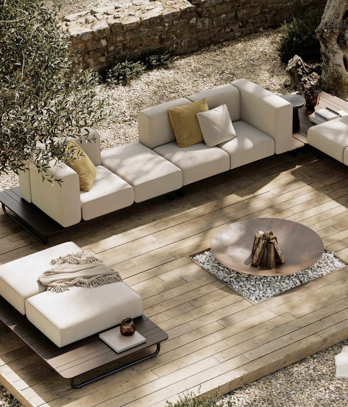 Outdoor area by Domkapa A charming hygge wooden deck with a fire pit and a stylish sofa, creating a welcoming space for outdoor leisure.