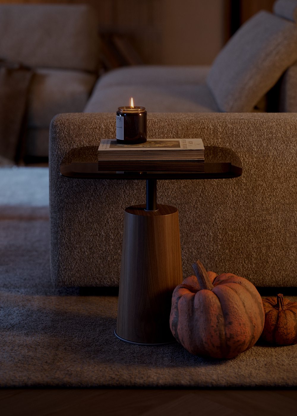 Panton Side Table Halloween Side table in wood and glass top. With halloween decorations such as candles and pumpkins.