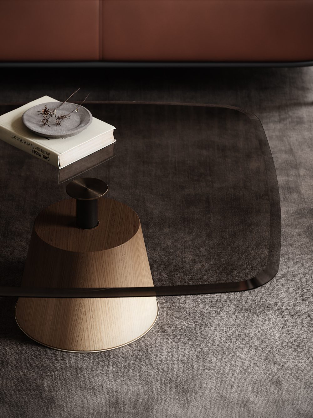 Panton table set in the centre of a living room A sleek glass coffee table supported by a warm wooden base, perfect for enhancing the aesthetic of any room.