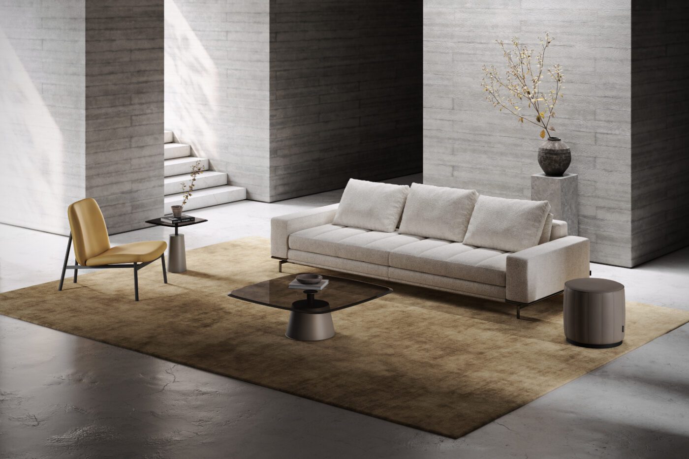 Parker sofa and edison armchair A living room design featuring a stylish sofa, an yellow armchair and a sleek table, creating a cosy atmosphere.