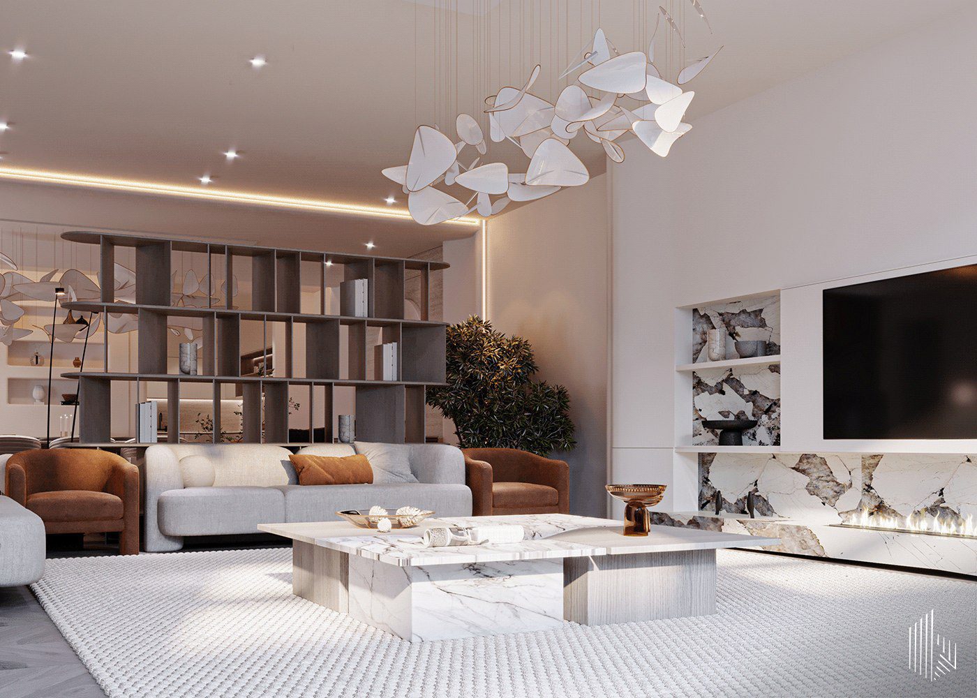 Project by Bold A contemporary living room featuring white furniture and a large television, creating a bright and inviting atmosphere.