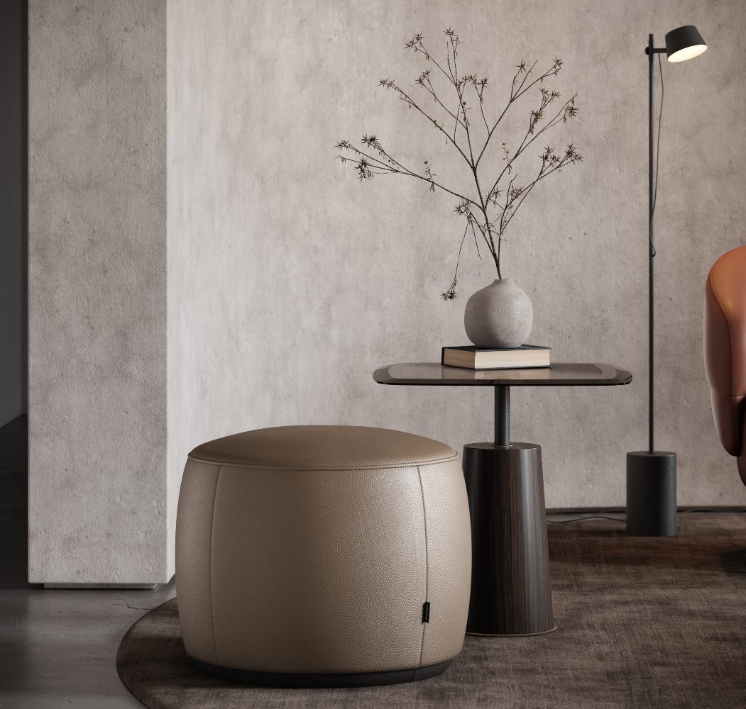 Rachel pouf and panton side table in a living room