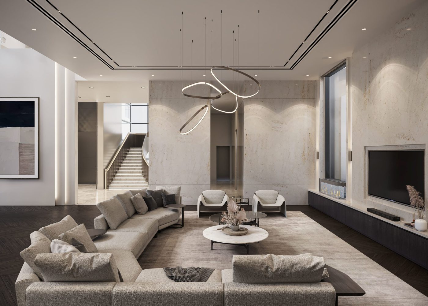 SAI Luxury Lifestyle living room project with light and neutral projects. With two modern and minimalist armchairs and one big sectional sofa in L form. With a coffee table in the centre.