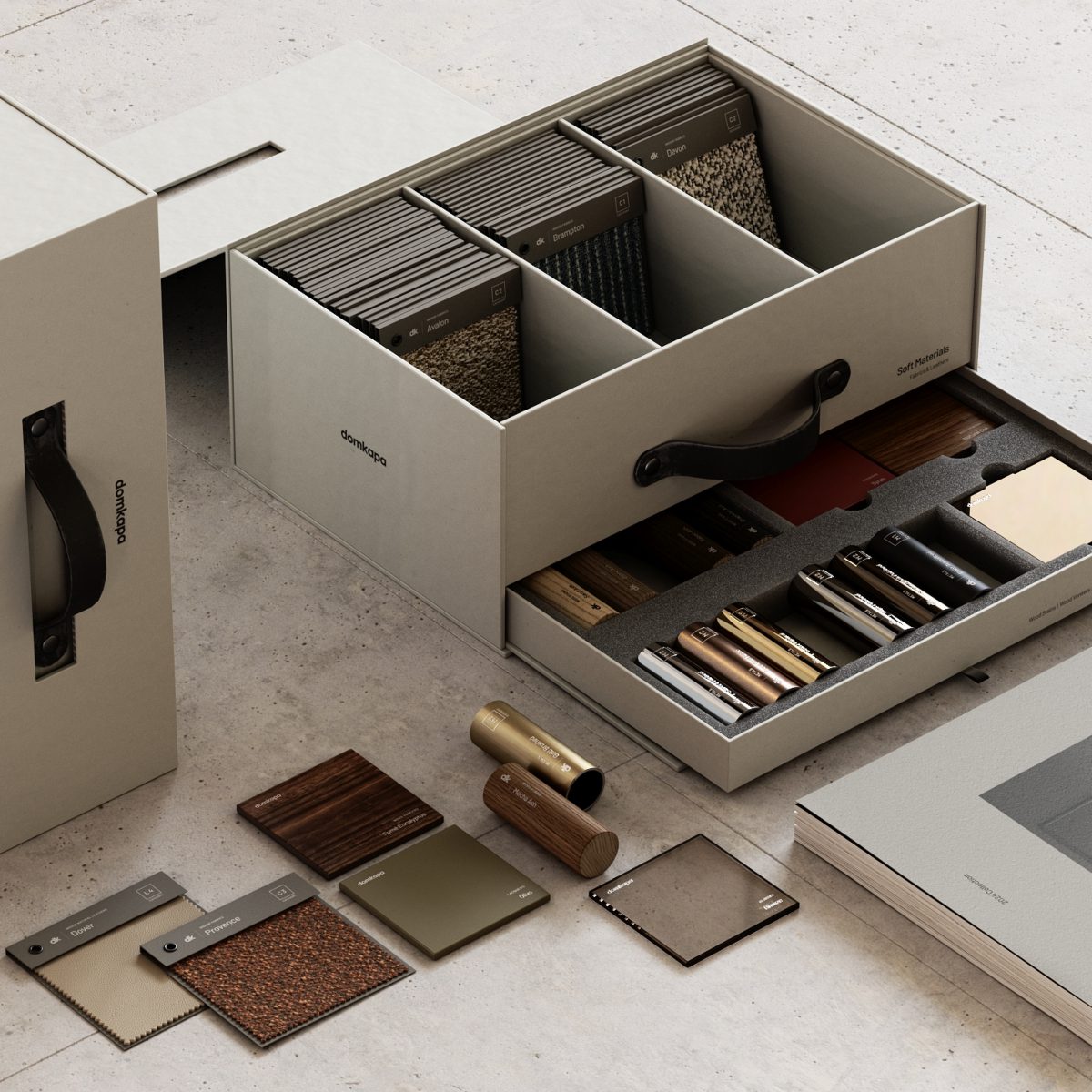 Sample Box by Domkapa Box with samples of fabrics, different types of wood, lacquers, glasses and mirrors.