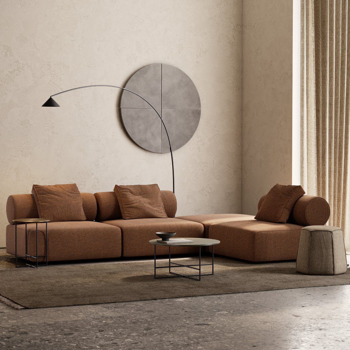 Shinto Sofa (7) Shinto sofa with four modules in orange tones. In a neutral tones living room, combined with Inside Table Set and Angles Pouf.
