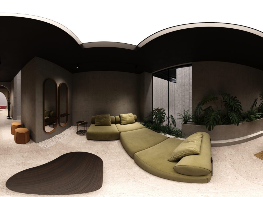 Shinto sofa and Angles pouf at maison et objet 2020 Green modular sofa with a coffee table and side table in metal and wood.