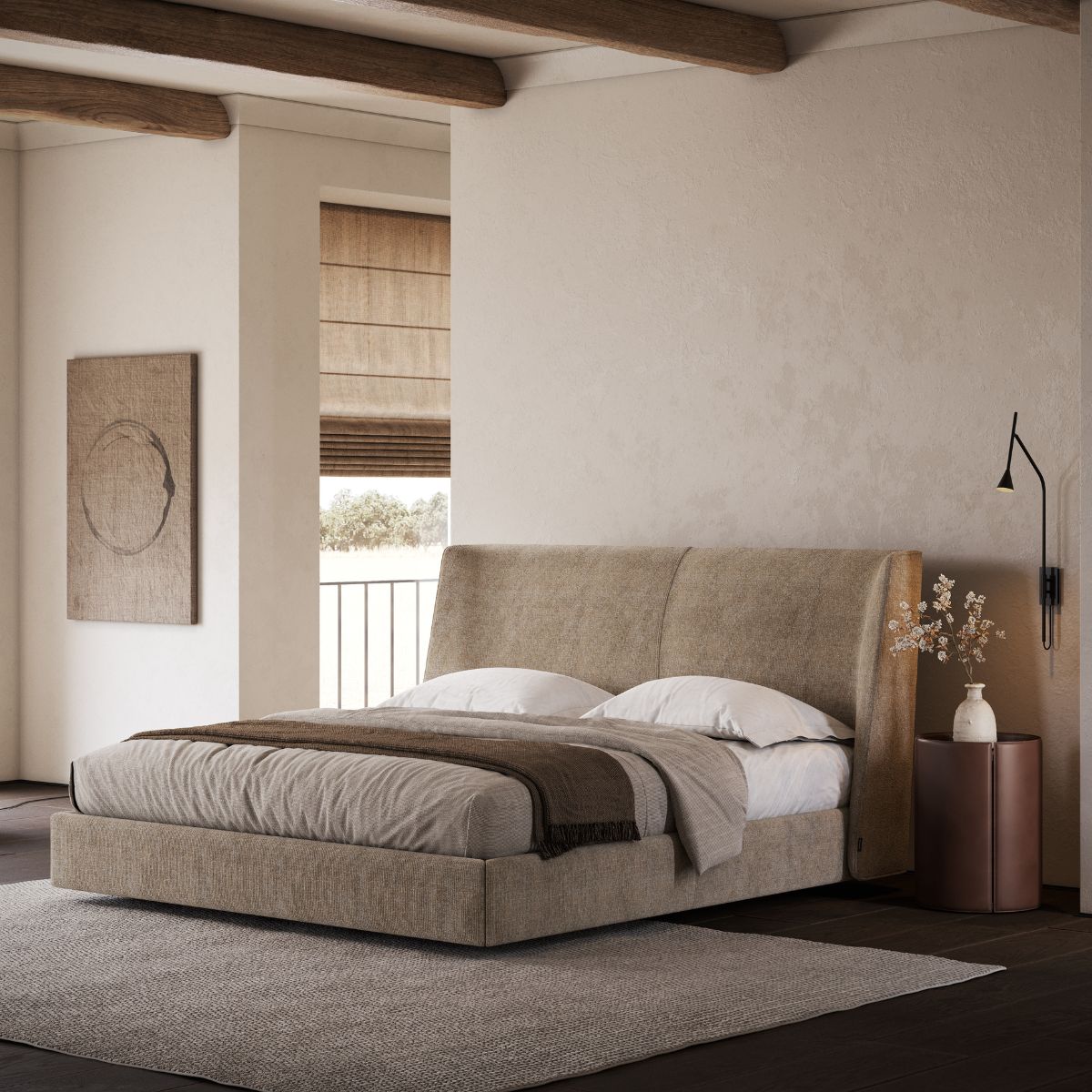 Cosy hotel suite with a beige upholstered bed, white sheets, and brown throw blanket. Minimalist decor, soft lighting, round wall art, and plants create a serene ambiance.
