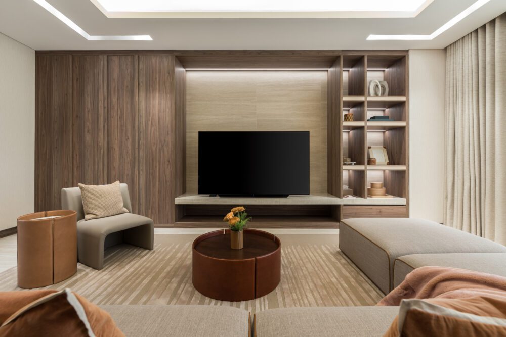 Studio Twelve project Contemporary living room by Studio Twelve showcasing a flat screen TV, minimalist decor, and inviting seating arrangements.