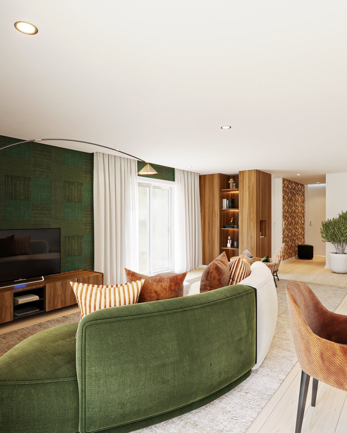 The Very White Project by Joana Pais Living room with modular sofa with two colours: green and beige.