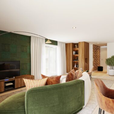 The Very White Project by Joana Pais Living room with modular sofa with two colours: green and beige.