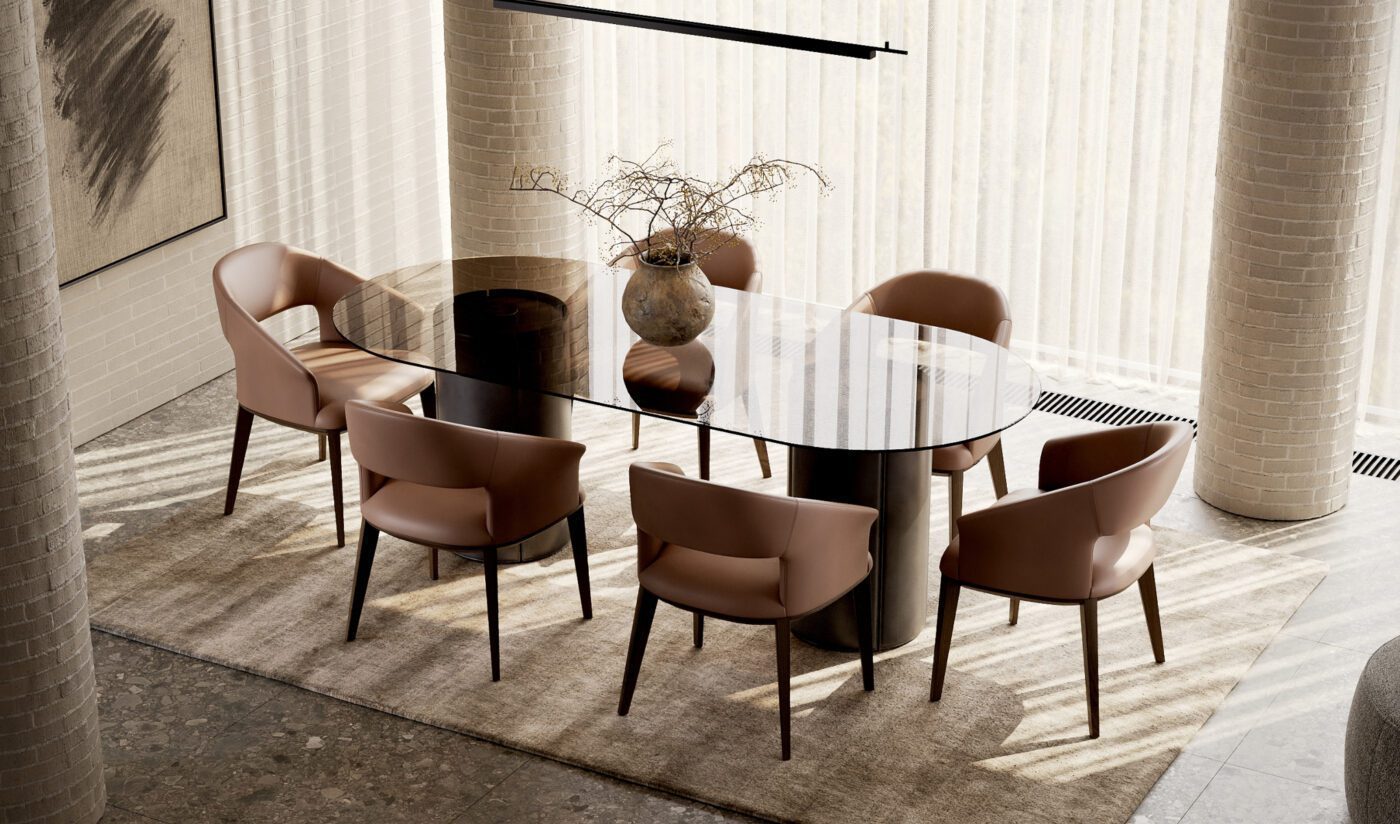 Trendy colour mocha mousse and Jermain Chair A modern dining table with elegant chairs in mocha mousse and a lovely vase, creating a warm and inviting dining atmosphere. About furniture colours and fabrics
