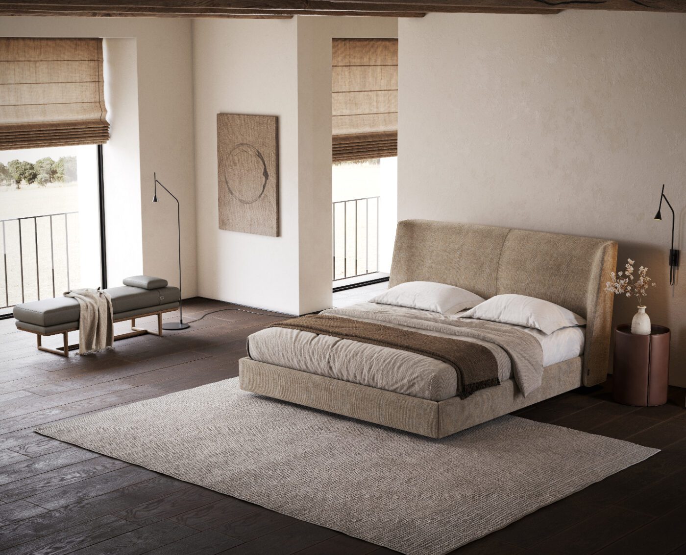 Upholstered Benches - Henry Bench A minimalist bedroom with a large bed featuring beige bedding and pillows, a floor lamp on either side, a upholstered bench, and a soft, light-colored rug on dark wooden floors. The room has natural light streaming through tall windows with bamboo shades.
