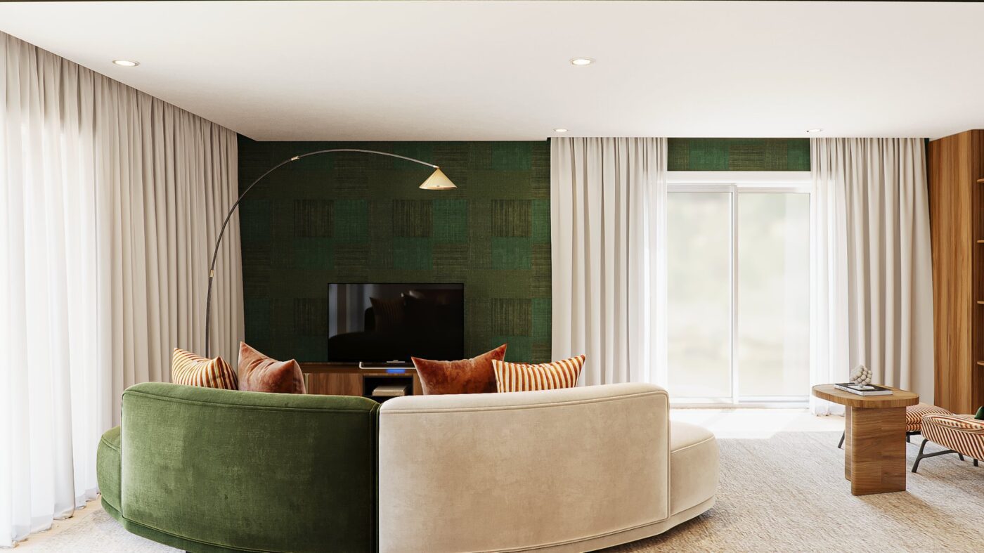Very White Project by Joana Pais Living room with modular sofa. This view is from behind and it can be seen the behind of the sofa and its two colours: green and beige. The walls are in a green mathing the sofa. There is a side table in wood and a window.
