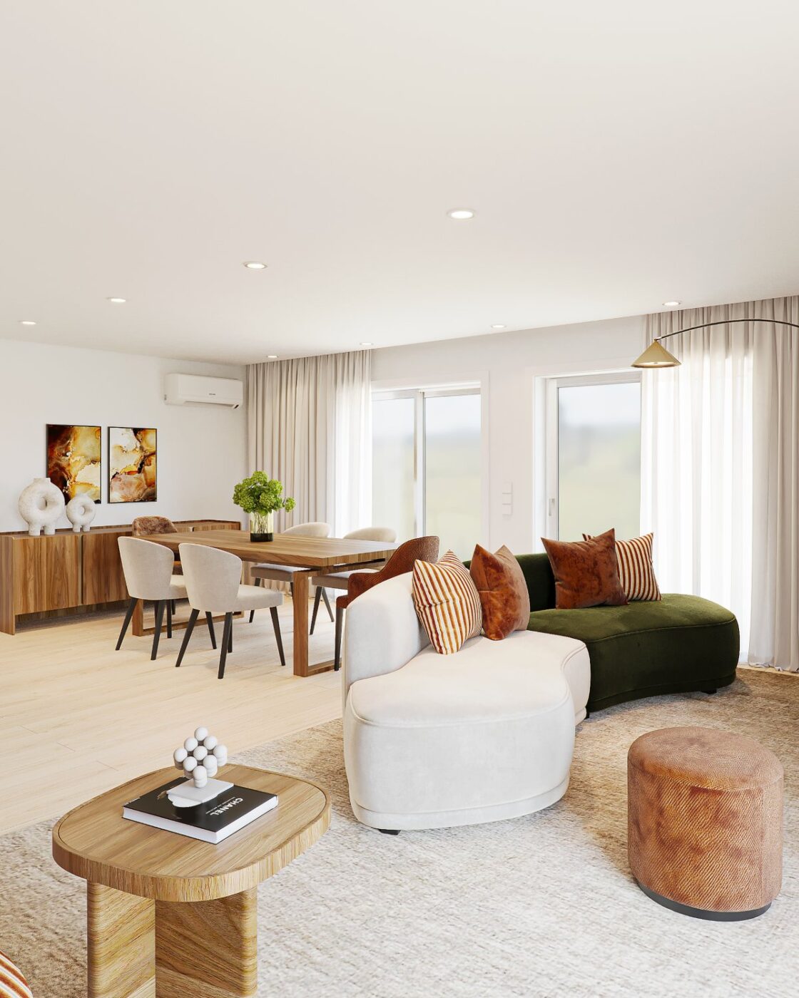 Very White Project from Joana Pais Living room and dining room project with a modular sofa in bege and green. With a red pouf and a side table in light wood. The dining room has four white chairs and two red chairs.
