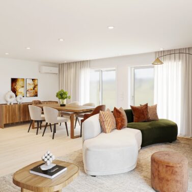 Very White Project from Joana Pais Living room and dining room project with a modular sofa in bege and green. With a red pouf and a side table in light wood. The dining room has four white chairs and two red chairs.