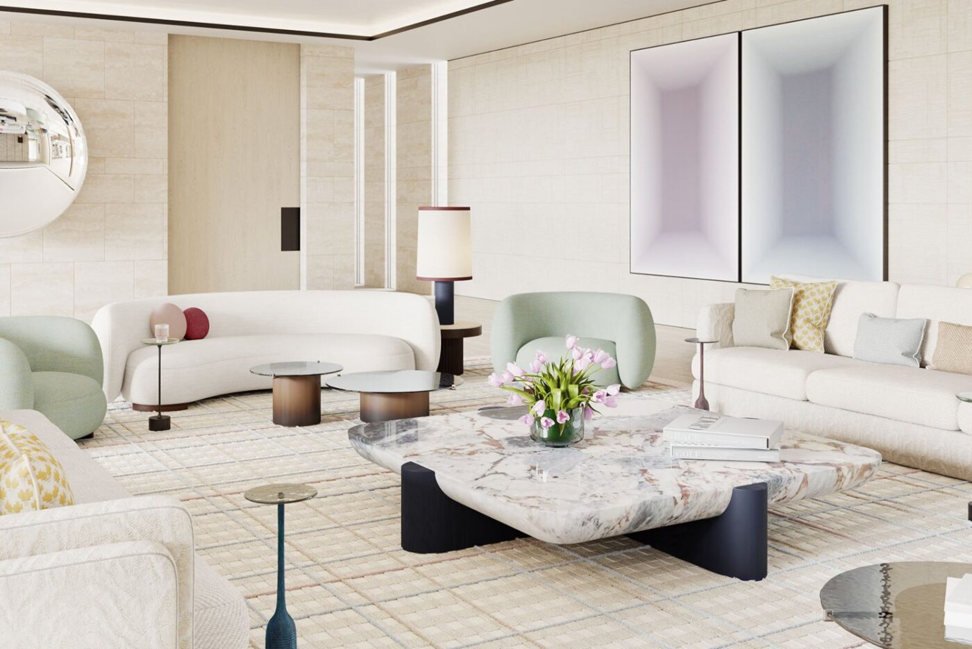 Villa Doha Residence by Jaime Beriestain Living room project by Jaime Beriestain with light and pastel colours. With a armchair in pastel green and a coffee table in marble.