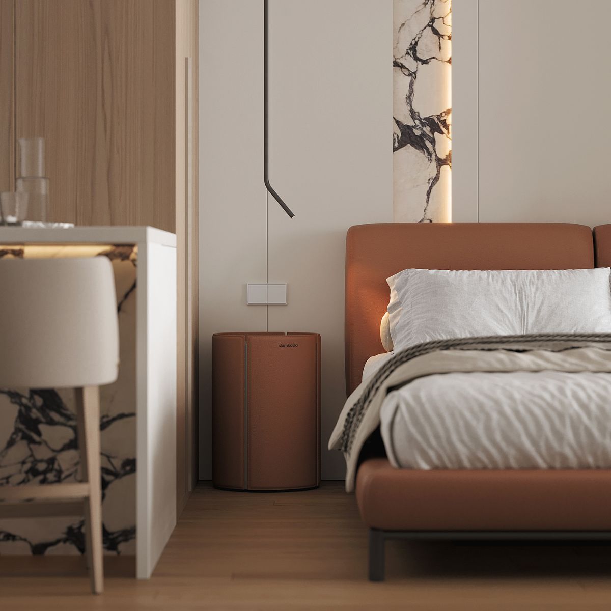 White home project in Slovakia (2) Modern bedroom with a warm, minimalist design. Features a tan bed, marble accents, sleek furniture, and soft lighting creating a cosy, elegant ambiance. By White Home.