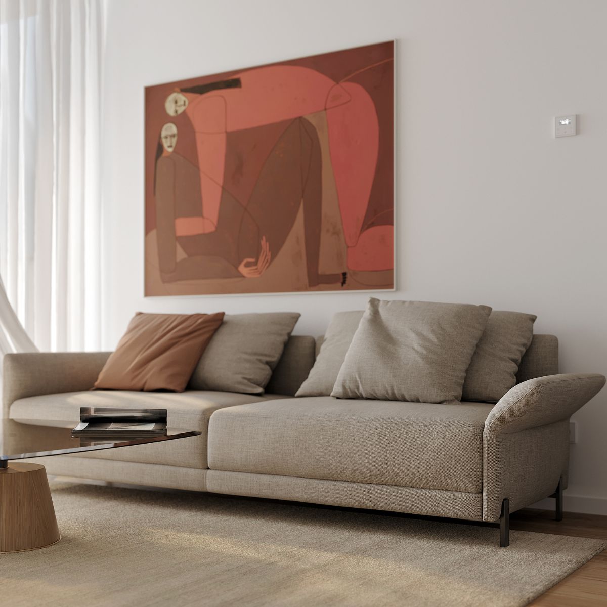 White home project in Slovakia (3) A modern living room with a beige sofa and cushy pillows. Abstract art in warm tones hangs above. Light filters through sheer curtains, creating a calm ambiance.