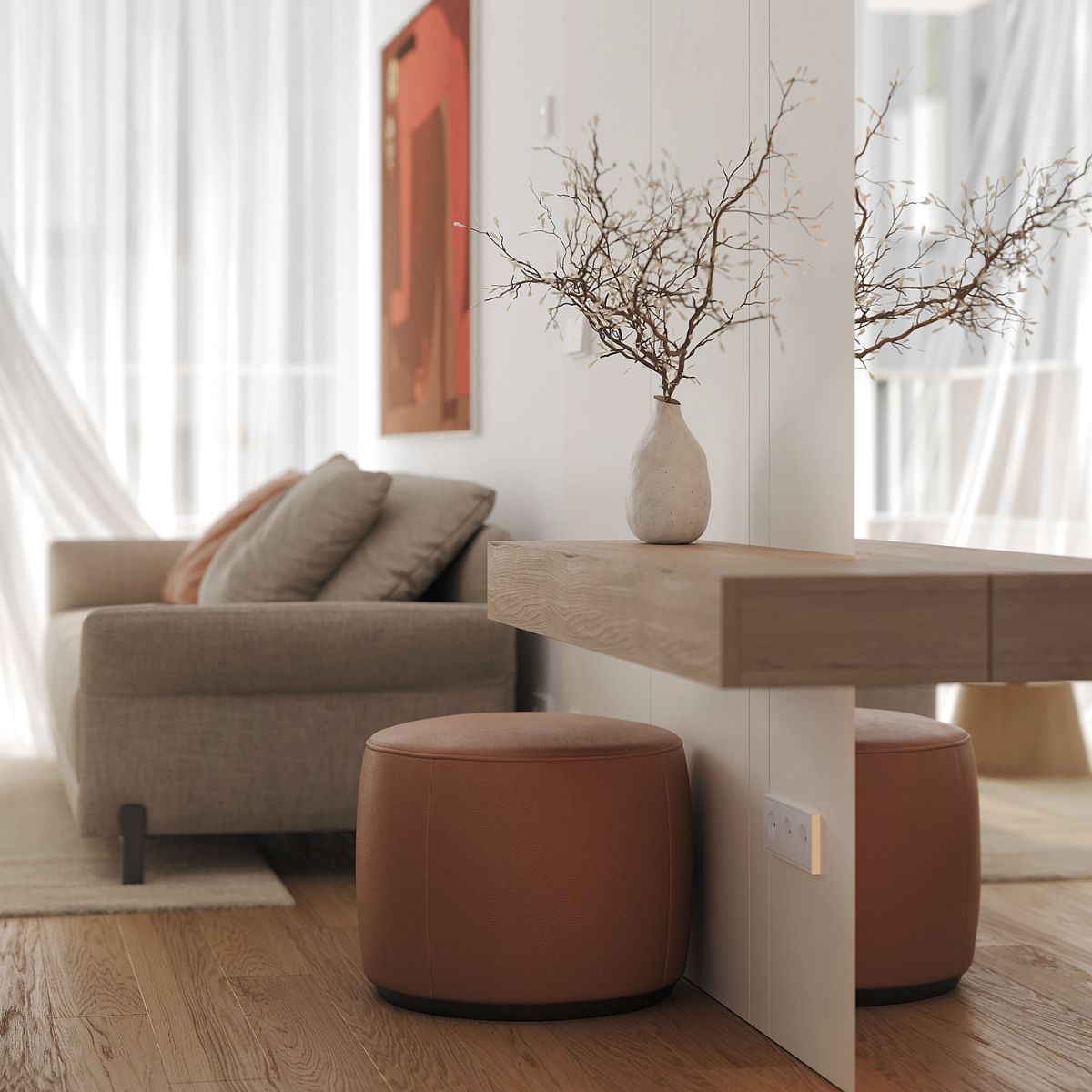 White home project in Slovakia (4) Modern living room with neutral tones, featuring a beige sofa with cushions, a brown pouf and a wooden shelf holding a vase of bare branches.