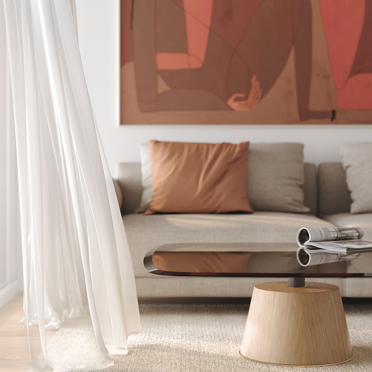 White home project in Slovakia (5) A modern living room with a beige sofa, accented by a brown pillow. A low glass coffee table holds an open magazine. Sheer white curtains gently drape nearby. By White Home