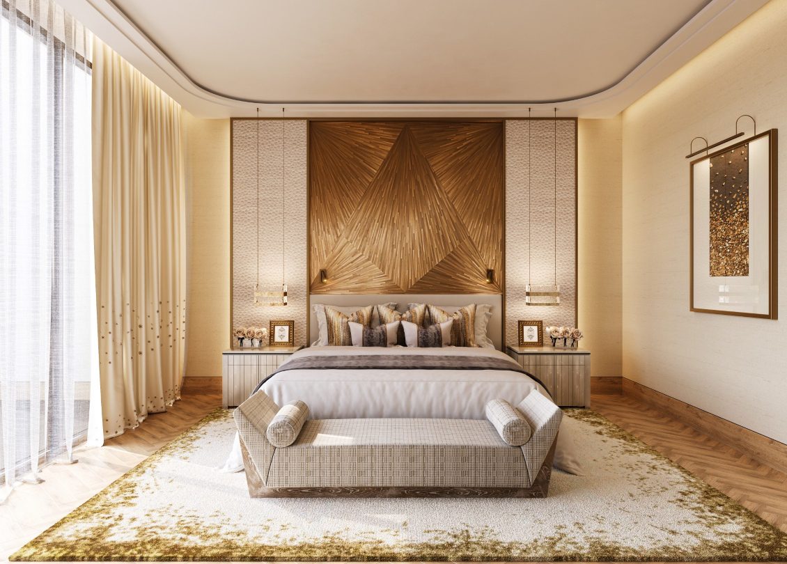 Yasmin Alsdais project Yasmin Alsdais project in Saudi Arabia in neutral tones and classic style. It is a bedroom with neutral tones and gold accents. A bed in the center and a bench at the end.