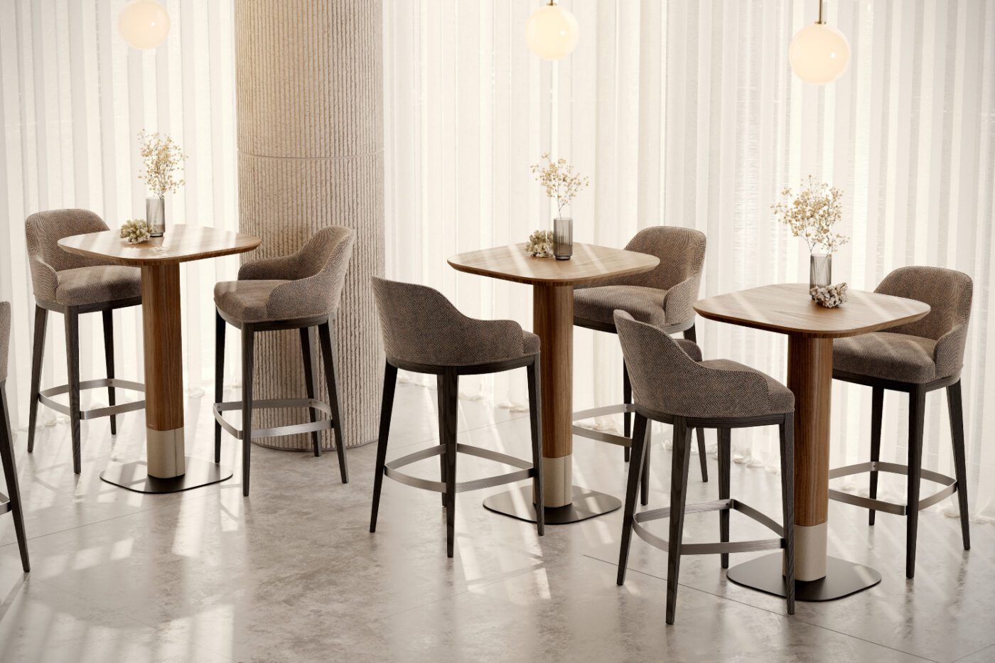 adam bar table and anna bar chair design Bright, modern hospitality design showcasing bar tables and bar chairs in a welcoming layout.
