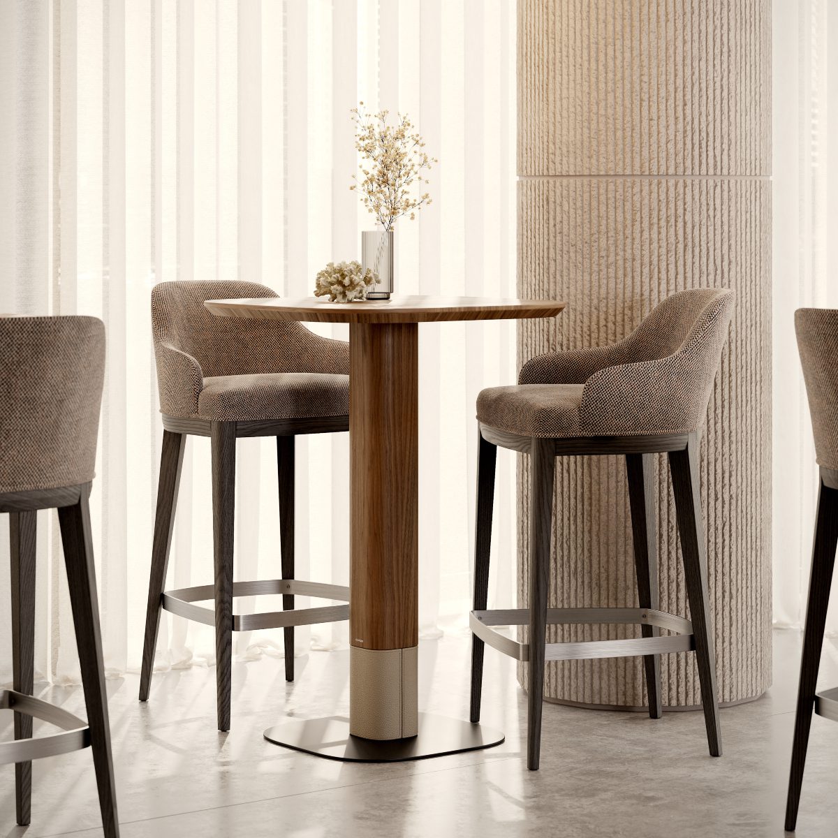 adam bar table and anna bar chair restaurant A bar table with two bar chairs and a decorative vase in the centre, set in a cosy dining area - restaurant interior design.