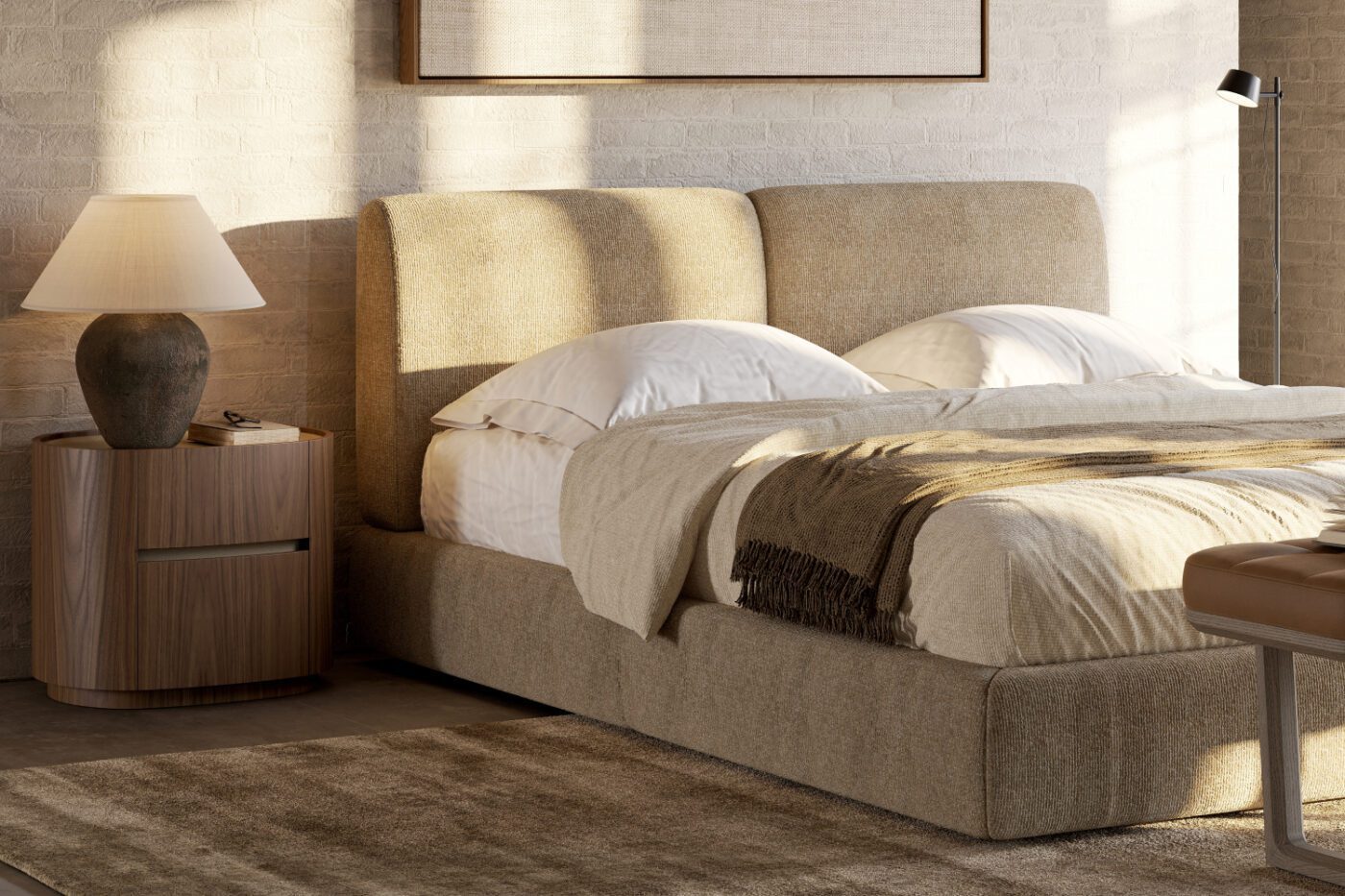 adeline bedside table and margot plus bed in a bedroom design A comfortable bed with an elegant headboard, perfect for a restful night's sleep in a beautifully arranged bedroom design.