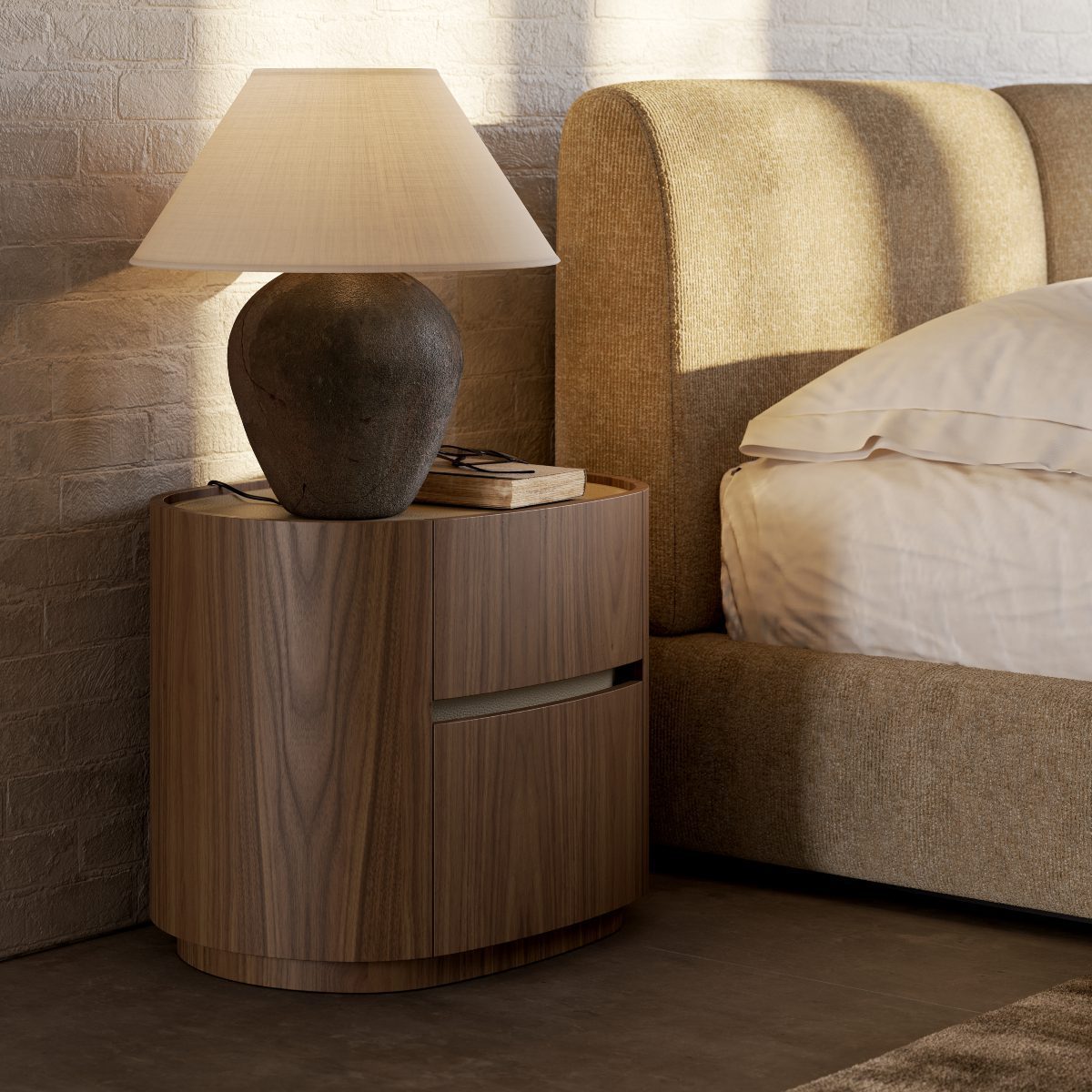 adeline bedside table wood details A comfortable bedside table topped with a lamp, creating a relaxing atmosphere.