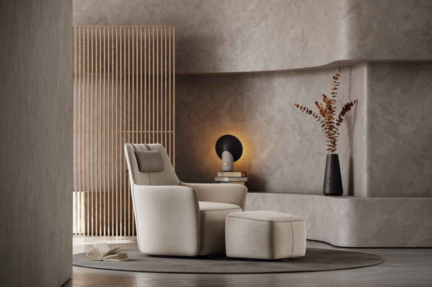 alexander armchair and vertical lines A contemporary armchair paired with an ottoman, set in a well-designed living space with vertical lines.