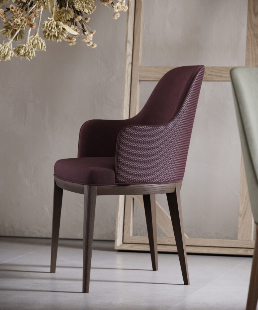anna dining chair 2022 with arms A comfortable chair with a rich purple upholstered seat and elegant wooden legs, great for any dining room.