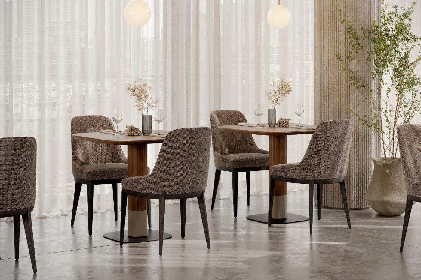 anna dining chair and adam bar table set A restaurant interior featuring dining tables and chairs arranged near a large window. Acoustic & Sound-Absorbing Furniture Solutions.