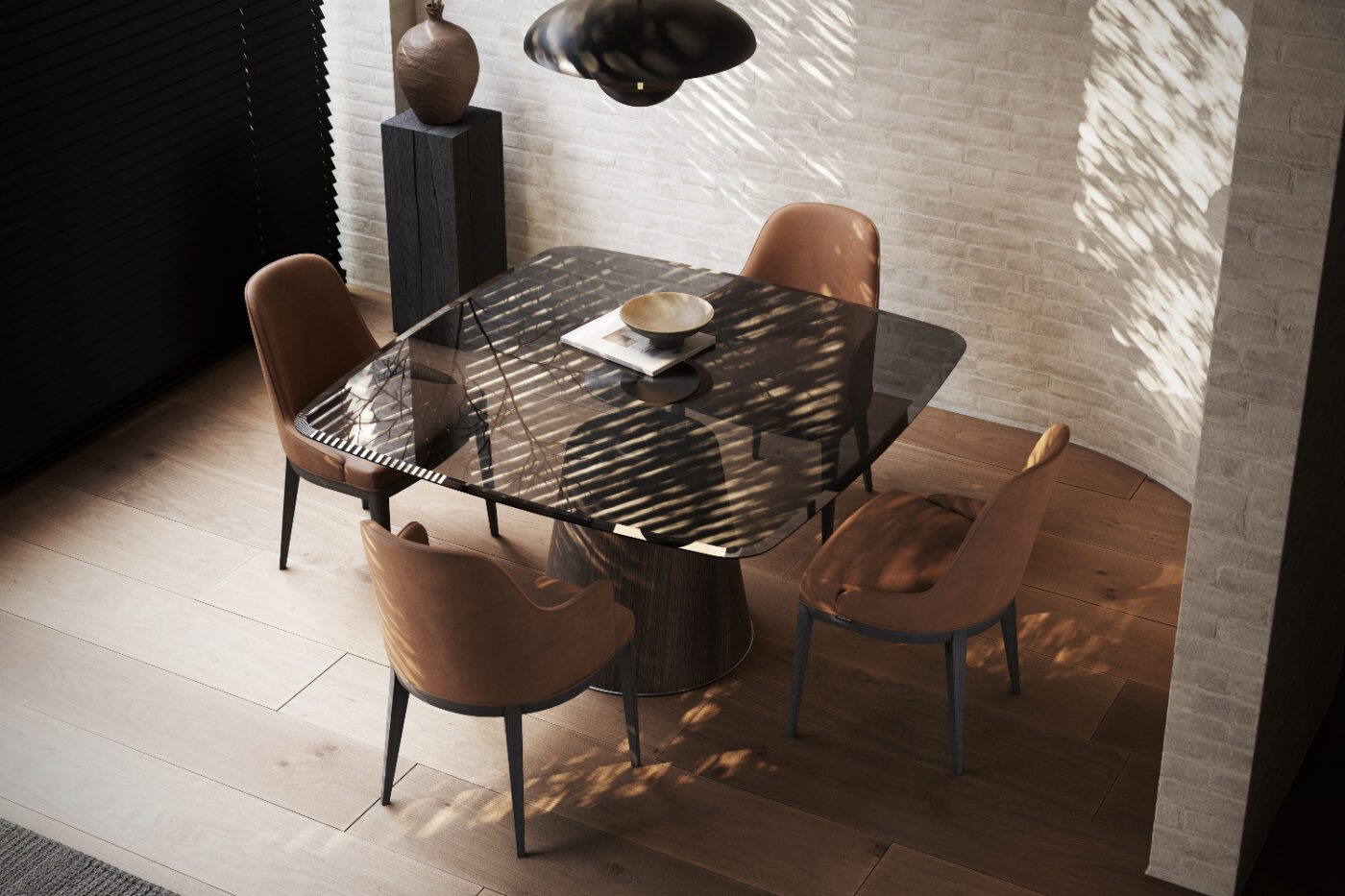 anna dining chair and panton dining table A sleek dining room with a dark glass table, surrounded by four brown dining chairs on wooden flooring. Soft natural light creates leaf-patterned shadows.