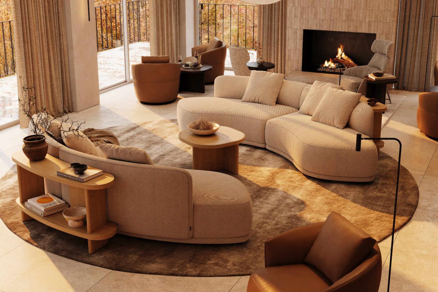 A cosy living room featuring a round modular sofa surrounded by matching armchairs, creating an inviting seating area with Autumn trends.