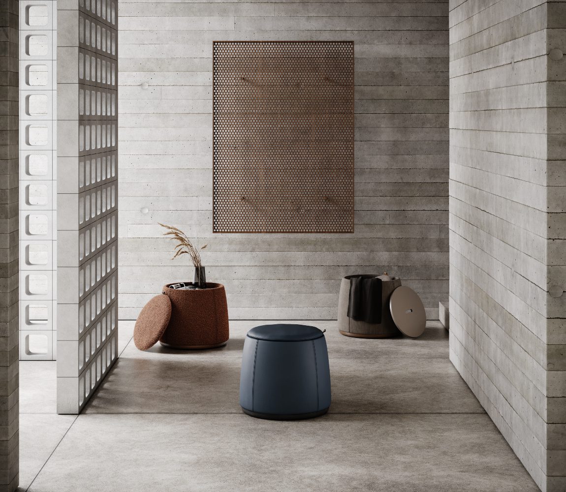 avery pouf open and closed A room featuring a wall, three poufs and a green plant in a pot, creating a simple and inviting atmosphere for a social space design.