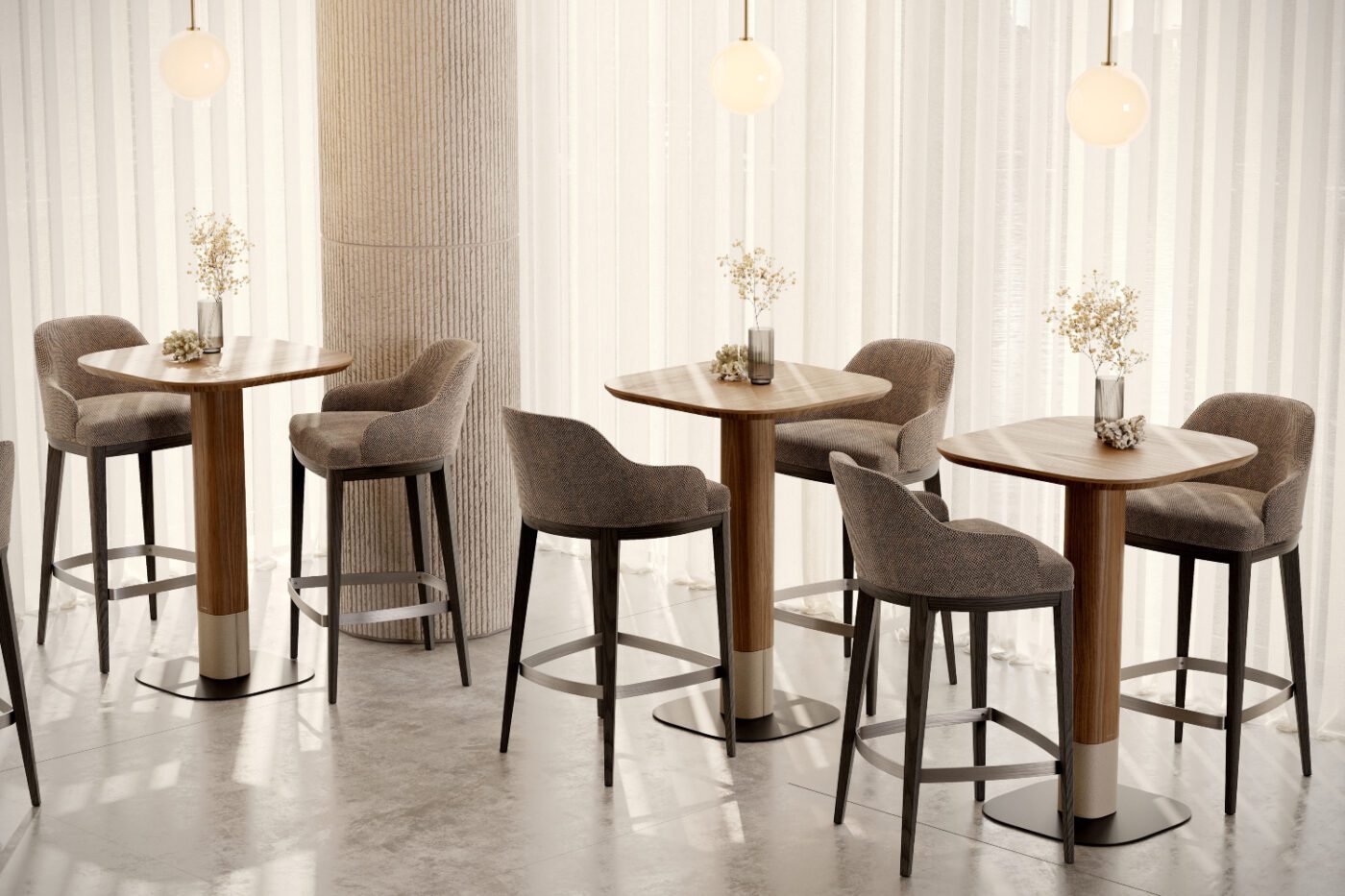 bar design with anna bar and adam bar Several chairs and tables set up in a spacious restaurant interior design, inviting for meetings or social gatherings.