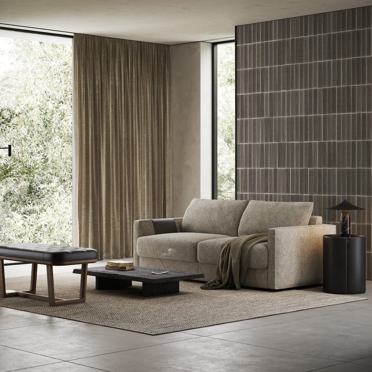 dual-purpose furniture in an office that can turn in a guest room. In neutral dark tones.