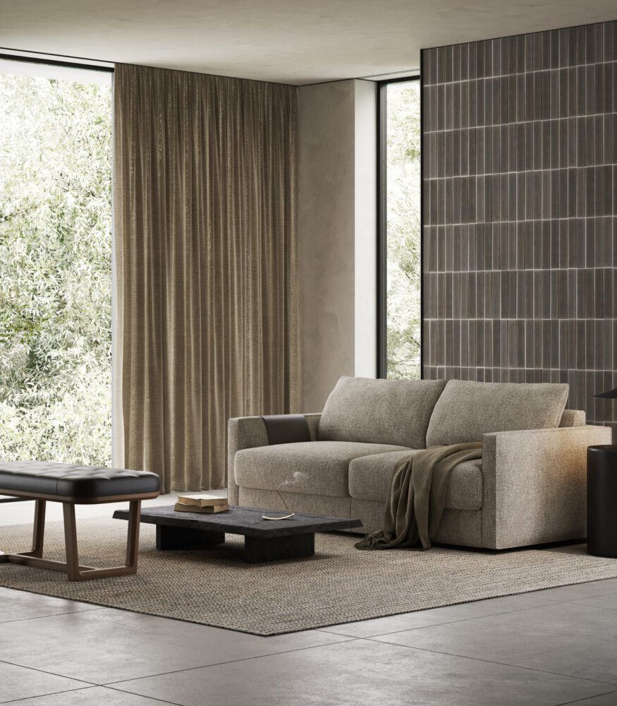 beaumont sofa closed A contemporary living room showcasing a comfy sofa bed, a chic coffee table, and a bright window for a welcoming vibe.