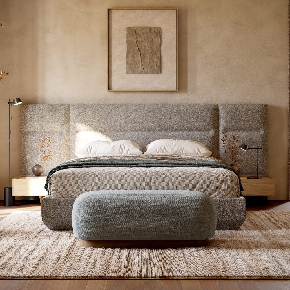 bedroom set with francis bed and claire bench in blue tones Contemporary bedroom showcasing a modular bed, an bench, and a plush rug, creating a cosy atmosphere.