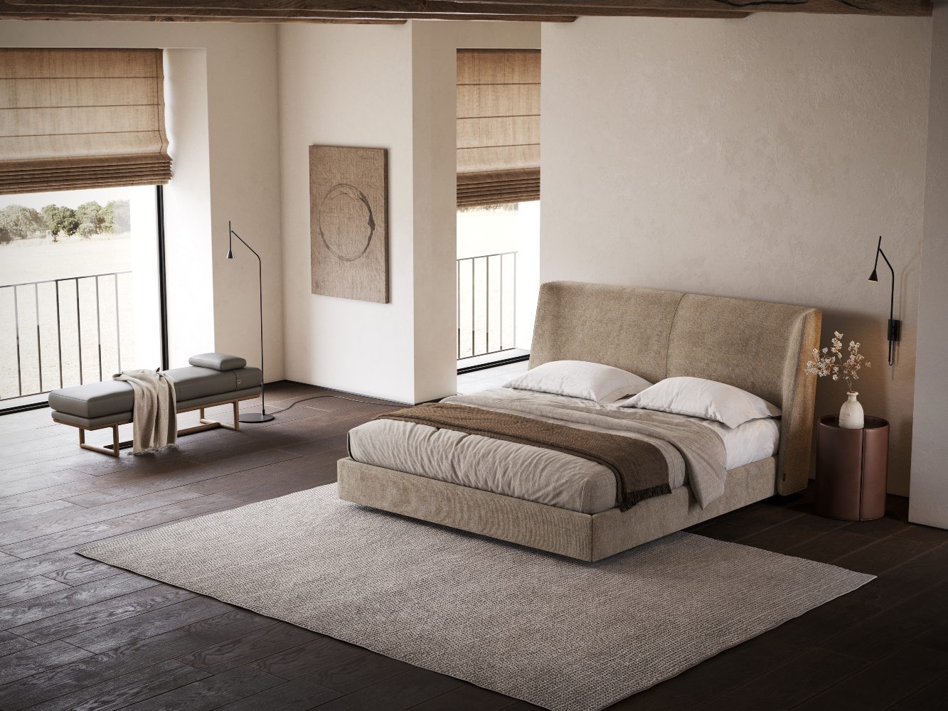 bedroom with echo bed and henry bench