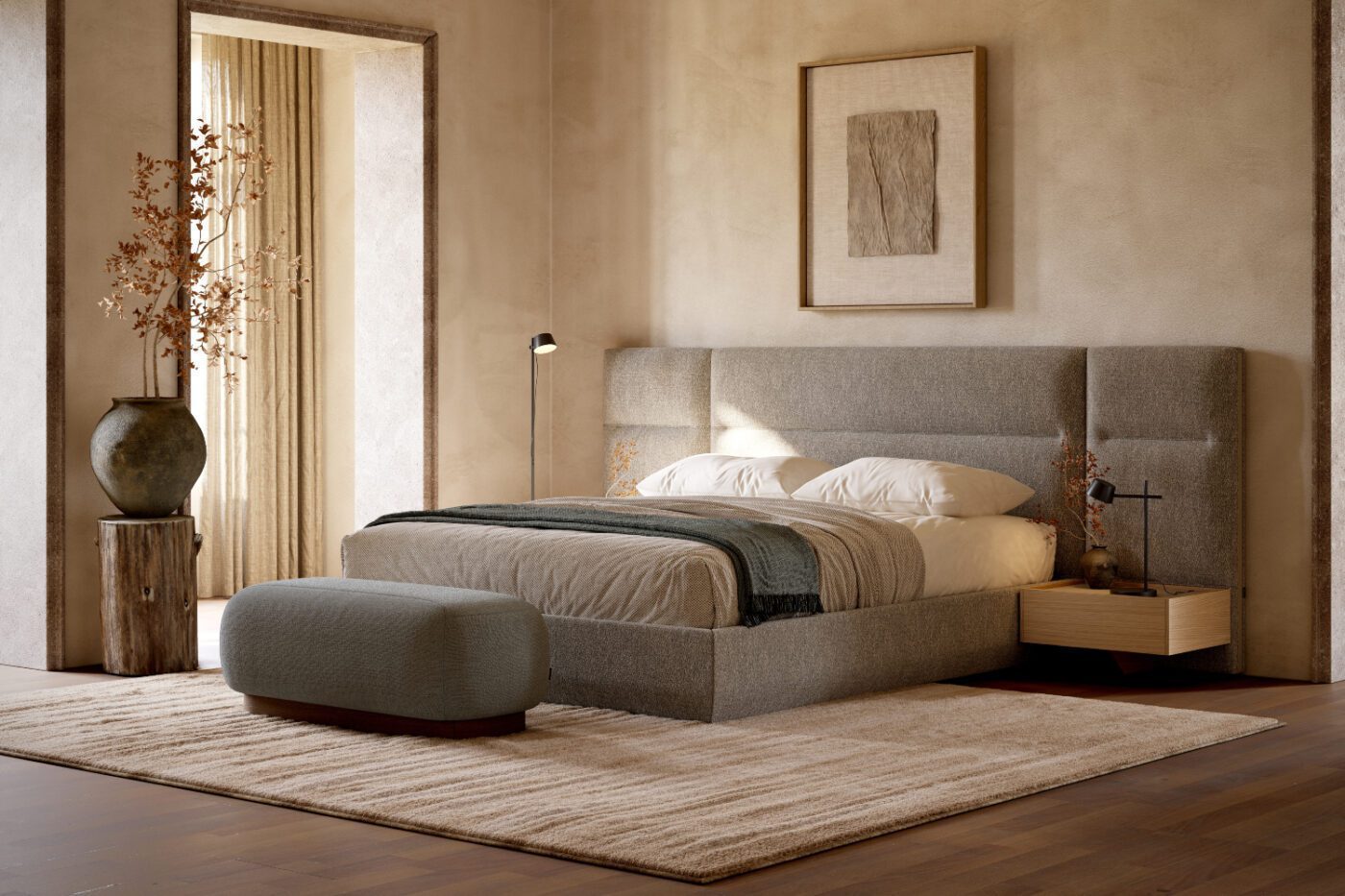 bedroom with francis modular bed and claire bench set A well-furnished bedroom showcasing a modular bed, a bench and a decorative rug, emphasising comfort and style. Room by room design.