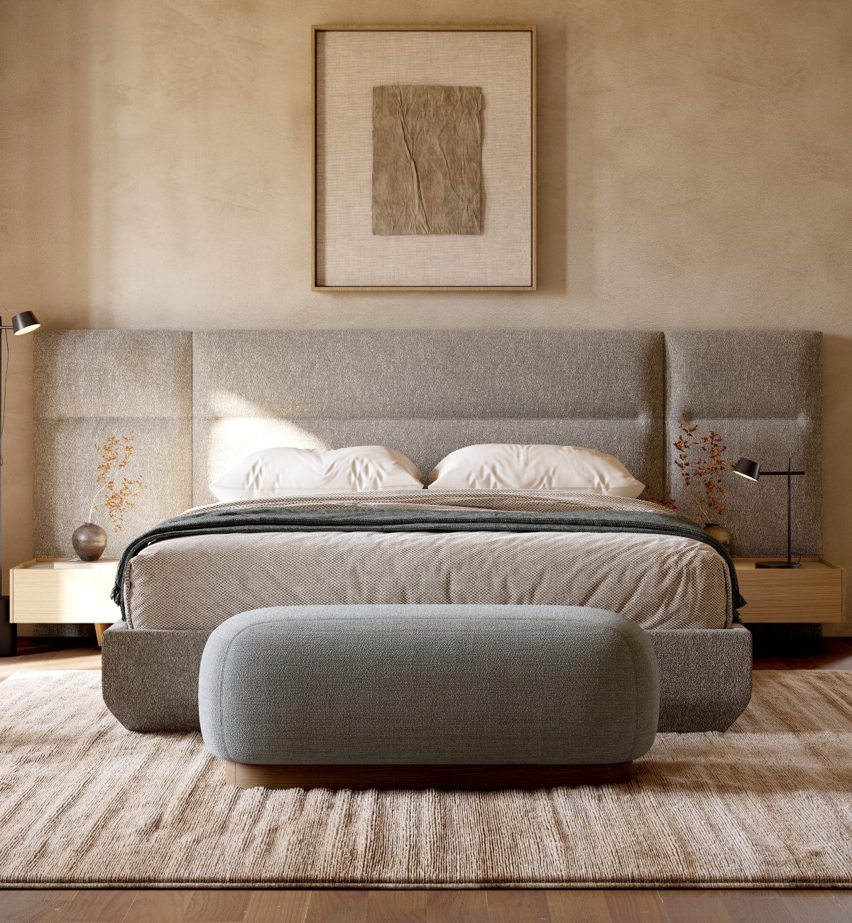 bedroom with francis modular bed and claire A comfortable bed with an elegant headboard and a soft bench, perfect for a restful night's sleep. Negative space