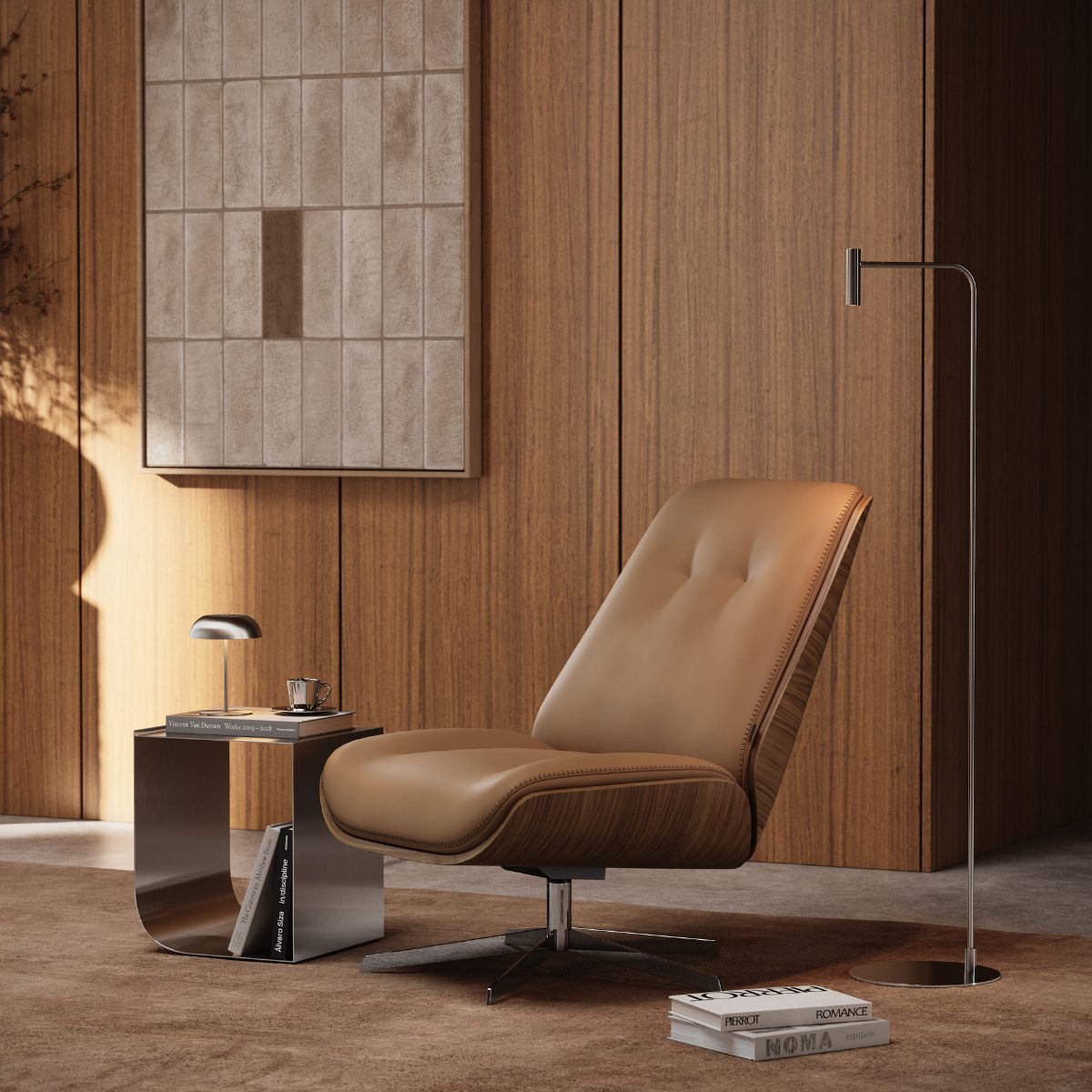 blog article about midiminimalism (5) Mid-century inspired armchair with a curved back and swivel base. Upholstered in camel leather and with a wood back.