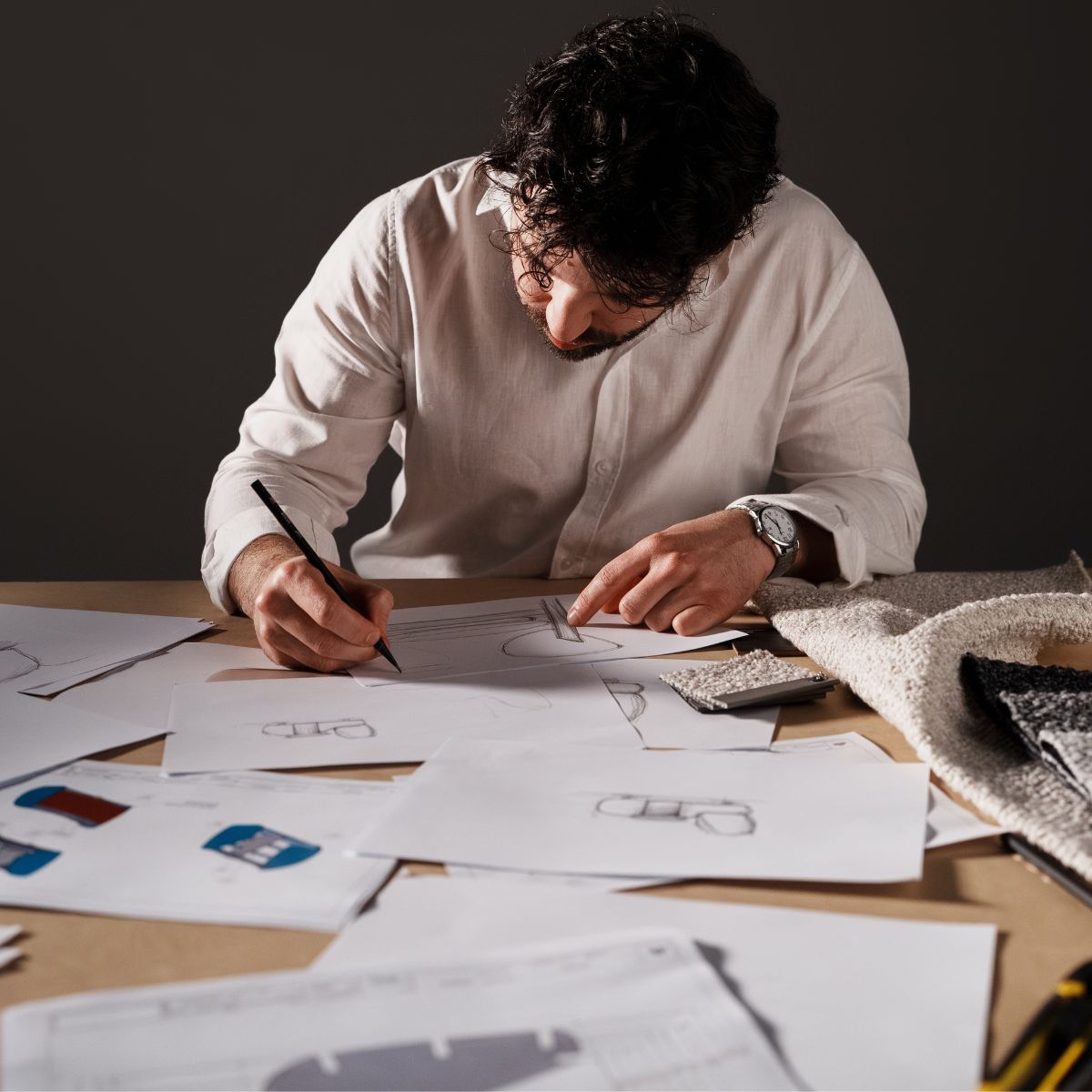 blog article about ordering furniture online by domkapa (6) A man working diligently on a design project, surrounded by design tools and a laptop in a creative workspace.