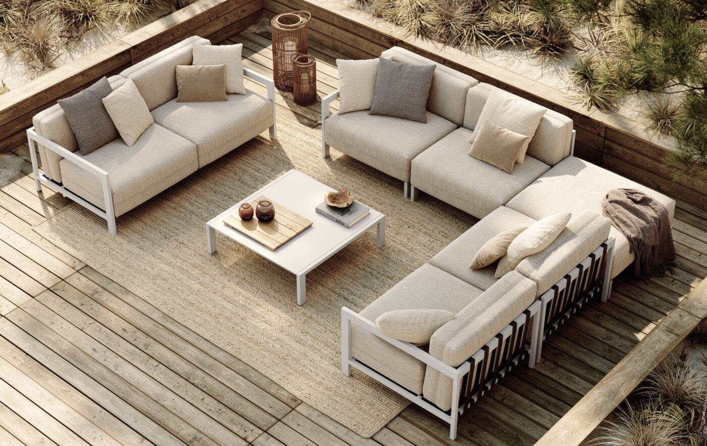 Bondi Oudoor Set Bondi Outdoor Set by Domkapa with a sofa, armchairs and a coffee table.