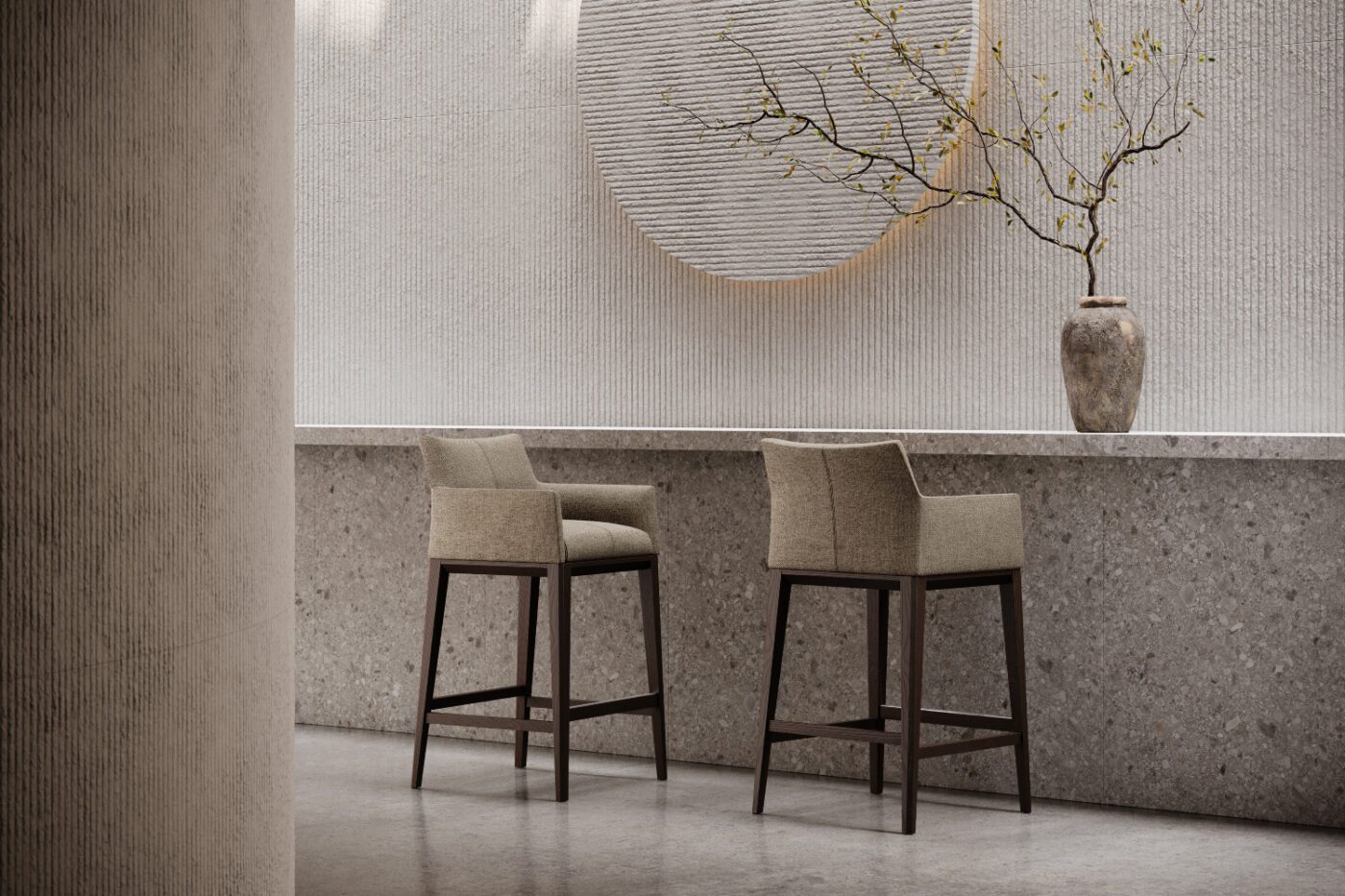 carter bar and counter chair and types of lines Two chairs resting on a counter, with a selection of types of lines on the background, creating an interesting visual contrast in the space.