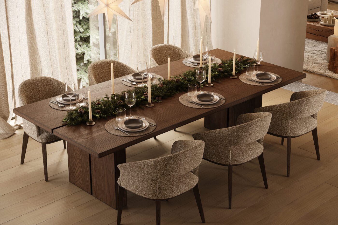 A rectangular dining table with six matching dining chairs, elegantly arranged in a cosy and Chrismtas dining area.